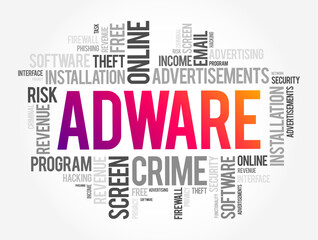 Obraz premium Adware - unwanted software designed to throw advertisements up on your screen, word cloud text concept background