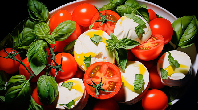 a plate of tomatoes and mozzarella with basil
