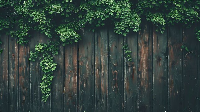Green leaves of ivy on a wooden background. The ivy is growing up the wall, and the leaves are a deep green color.