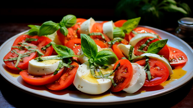 a plate of tomatoes and mozzarella with basil