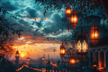 Obraz premium Postcard of an evening landscape for the Holiday of Breaking the Fast in Islam. End of Eid al-Fitr. Night landscape.