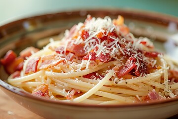 Close-up of a bowl of spaghetti pasta topped with crispy bacon and grated parmesan cheese