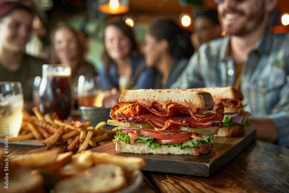 Wall mural A large sandwich is placed on top of a wooden cutting board - Wall murals