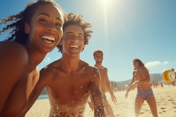 Friends playing beach volleyball