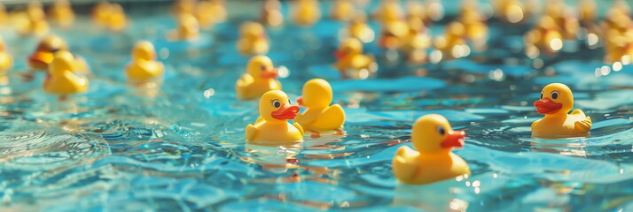 Lots of funny toy plastic yellow ducks floating in blue water pool. Copy space, panorama banner