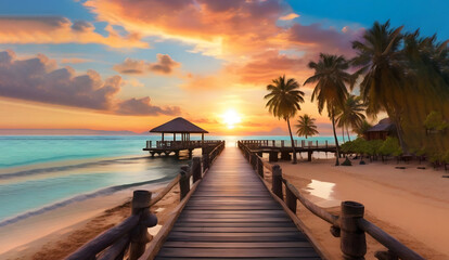 Beautiful sunset beach coast. Colorful sky clouds sun rays over palm trees silhouette. Panoramic...