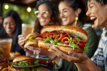 Multiple individuals gathered around a table, indulging in a large sandwich together