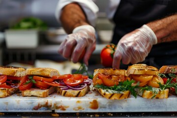 A person in a kitchen assembling sandwiches on a tray
