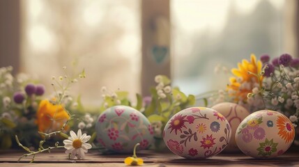 Easter eggs adorned with fresh spring flowers arranged on tabletop, vibrant holiday decor concept