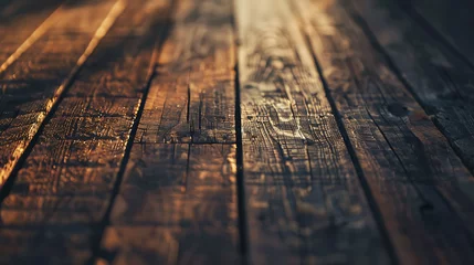 Zelfklevend Fotobehang The image is a close-up of a wooden table with the sunlight shining through the cracks. The wood is old and weathered, with a rich, dark brown color. © Togrul