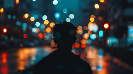The image is a silhouette of a person standing in front of a blurred background of city lights. - obrazy, fototapety, plakaty