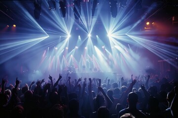 A lively crowd of people at a concert raising their hands in excitement and enjoying the atmosphere
