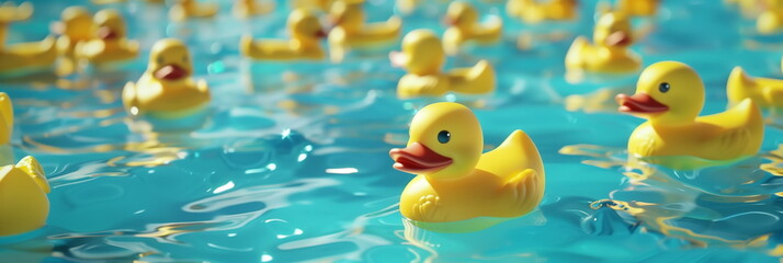 Lots of toy inflatable yellow ducks floating in blue water pool. Copy space, panorama banner - obrazy, fototapety, plakaty