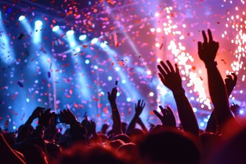 Fototapeta na wymiar a vibrant concert scene. A crowd is shown with their hands raised, silhouetted against a backdrop of bright stage lights and what appears to be confetti or fireworks, capturing the energy of