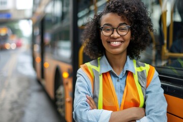 a joyful female bus driver with curly hair, wearing glasses, a high-visibility vest over a light blue shirt, standing with her arms crossed in front of a city bus