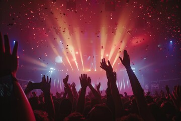 a vibrant concert scene. A crowd is shown with their hands raised, silhouetted against a backdrop...