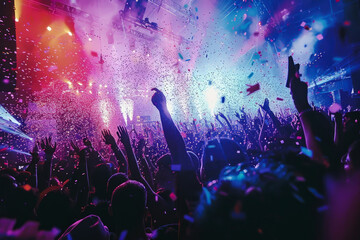 a vibrant concert scene. A crowd is shown with their hands raised, silhouetted against a backdrop...