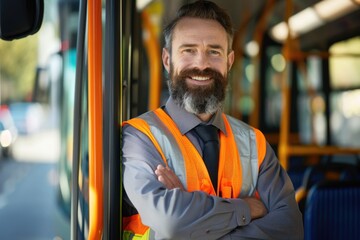 a smiling public transport driver with a beard, standing confidently with his arms crossed in front of a bus. He's wearing a reflective safety vest over a shirt and tie, conveying - obrazy, fototapety, plakaty