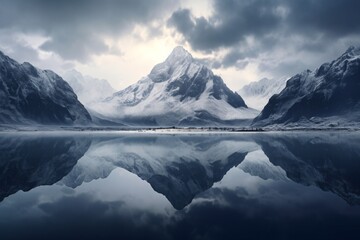 a mountain range with snow and clouds reflecting in water - obrazy, fototapety, plakaty