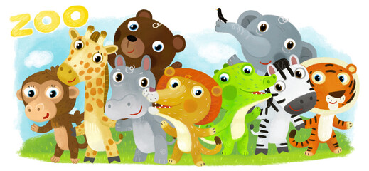 Naklejka premium Cartoon zoo scene with zoo animals friends together in amusement park on white background with space for text illustration for children