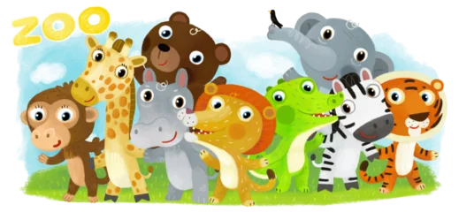 Stoff pro Meter Cartoon zoo scene with zoo animals friends together in amusement park on white background with space for text illustration for children © honeyflavour