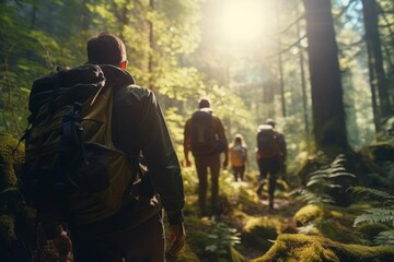 Friends hiking in the woods - obrazy, fototapety, plakaty