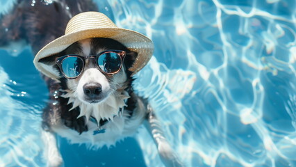 Happy mogrel dog wearing hat and sunglasses swimming in hotel water pool at summer vacation. Copy space