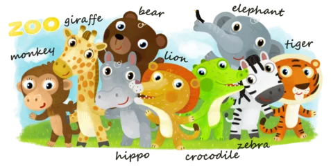 Zelfklevend Fotobehang Cartoon zoo scene with zoo animals friends together in amusement park on white background with space for text illustration for children © honeyflavour