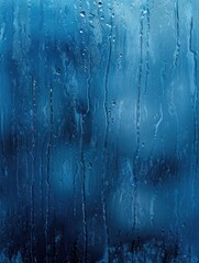 heavy raindrops streaming down a blue glass surface, creating an abstract and almost melancholic pattern