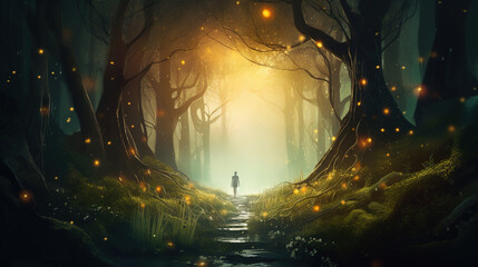 Person walking along the path through the dark enchanted forest towards the light. Girl in a magical landscape with glowing lights and sparkles, and old trees with strong roots.