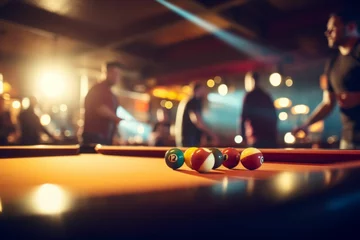 Foto op Plexiglas Friends having fun playing billiards with colorful balls and cues © Michael Böhm