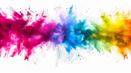 colorful rainbow holi paint color powder explosion isolated white wide panorama. Generative Ai - obrazy, fototapety, plakaty