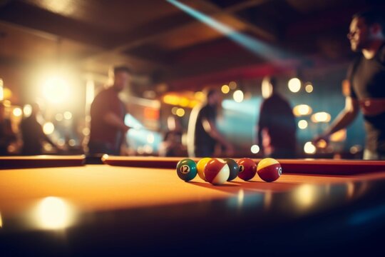 Friends having fun playing billiards with colorful balls and cues