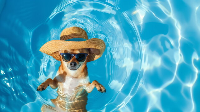 Funny chihuahua dog wearing hat and sunglasses enjoys hotel swimming pool with clear blue water. Copy space