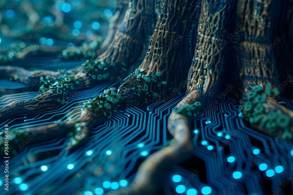 Poster eco-friendly computing: computer circuit board fusing with tree roots on blue wireframe network back