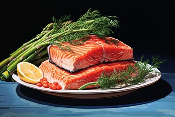 a plate of food with a couple of pieces of salmon and greens