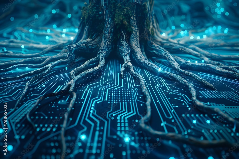 Poster fusing technology and nature: computer circuit board intertwined with tree roots on blue wireframe n