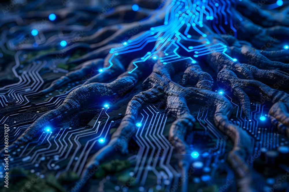 Poster eco-friendly computing: computer circuit board integrating with tree roots on blue wireframe network