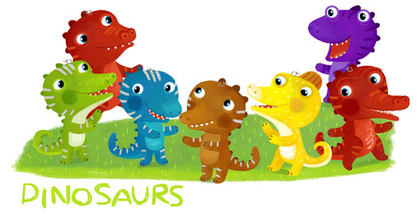 cartoon scene with dino dinosaurs or dragons friends playing having fun childhood on white background with space for text illustration for children