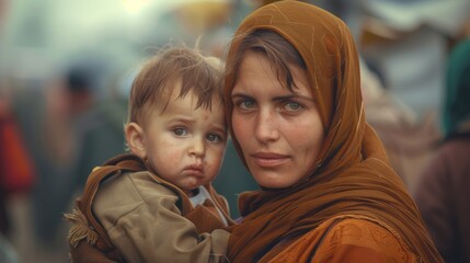 A homeless refugee woman with a child on the street. Migrants. Hunger and poverty. ai