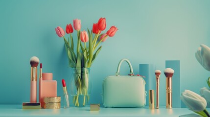 Women's essentials like gold jewelry, makeup brushes, lipstick, designer bag, and tulips in a vase against a soft blue backdrop