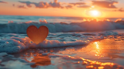 Heart symbol on sunset beach sand and sea water reflection light nature landscape romantic summer