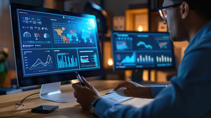Businessman working on computer at night in office, business strategy concept