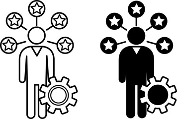 Skill Building Icons. Black and White Vector Icons of Gears, Man, and Stars Around It. Increasing Skills and Talents. Workshop Concept