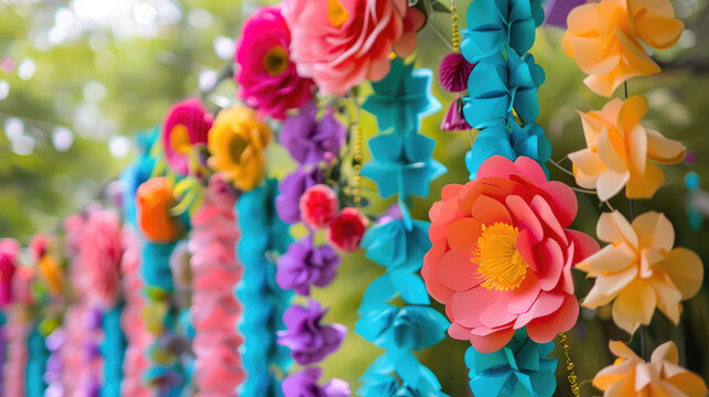 Decorations in the form of colored garlands and paper flowers