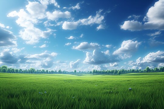 a green field with trees and blue sky