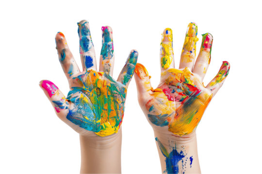 A close-up of colorful, hand-painted hands