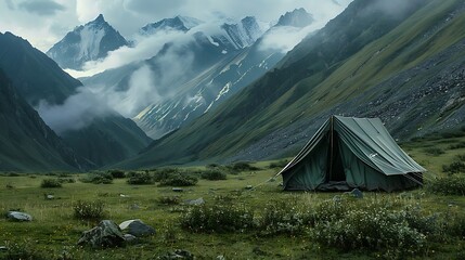 Traveler camp in the mountains tent in the closer view - obrazy, fototapety, plakaty