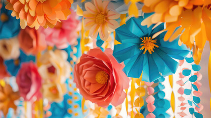 Decorations in the form of colored garlands and paper flowers - obrazy, fototapety, plakaty