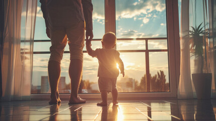 Father and little son at home by the window watching the sunset .